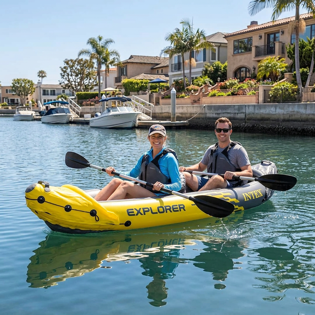 Couple paddling the Explorer K2 tandem kayak on Naples Island canal
